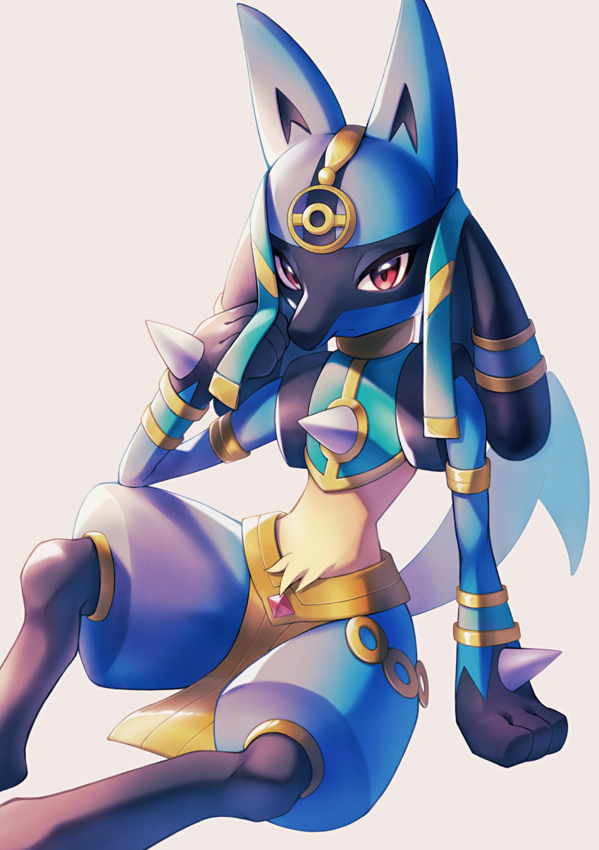 1other androgynous animal_ears animal_hands arm_support armlet black_fur blue_fur body_fur bracelet closed_mouth clothed_pokemon commentary crop_top egyptian_clothes furry gem gold green_shirt grey_background hand_up highres jewelry knee_up looking_at_viewer lucario maki_(letusgomaki) multicolored_fur other_focus pelvic_curtain poke_ball_symbol poke_ball_theme pokemon pokemon_(creature) pokemon_(game) pokemon_unite red_eyes red_gemstone shirt simple_background sitting sleeveless sleeveless_shirt snout solo tail thick_thighs thighs wolf_ears wolf_tail yellow_fur
