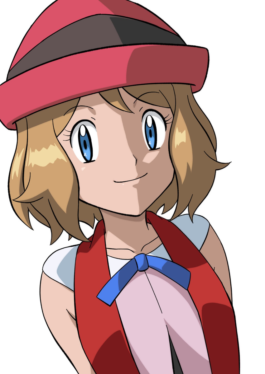 1girl anime_coloring bangs bare_arms blonde_hair blue_eyes blue_ribbon closed_mouth collarbone commentary eyelashes hat highres ia_(ilwmael9) looking_at_viewer medium_hair neck_ribbon pink_headwear pokemon pokemon_(anime) pokemon_xy_(anime) ribbon serena_(pokemon) simple_background smile solo upper_body white_background