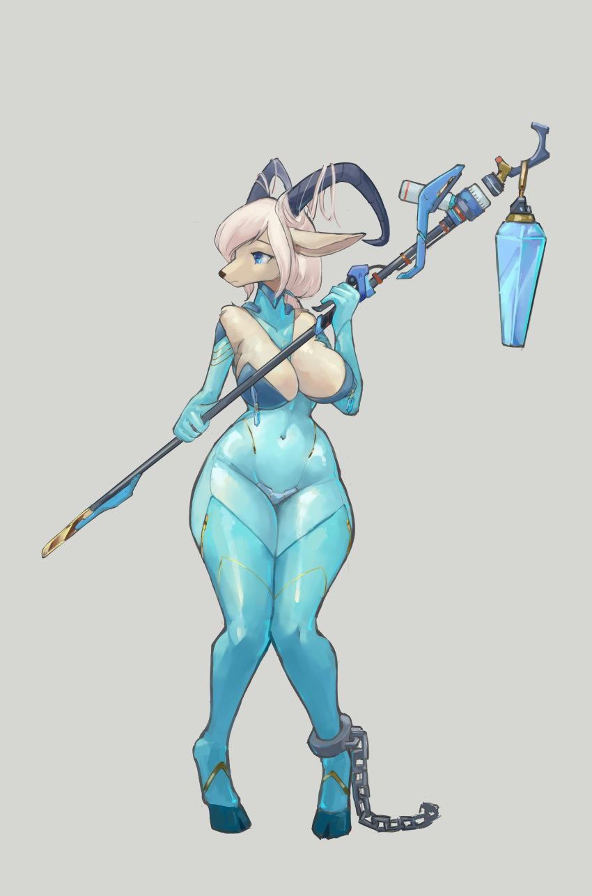 absurd_res anthro big_breasts big_butt bovid breasts butt caprine clothed clothing female goat hair handwear hi_res horizontal_pupils horn latex latex_clothing mammal navel pupils rubber rubber_clothing rubber_suit shanher simple_background solo tight_clothing wide_hips