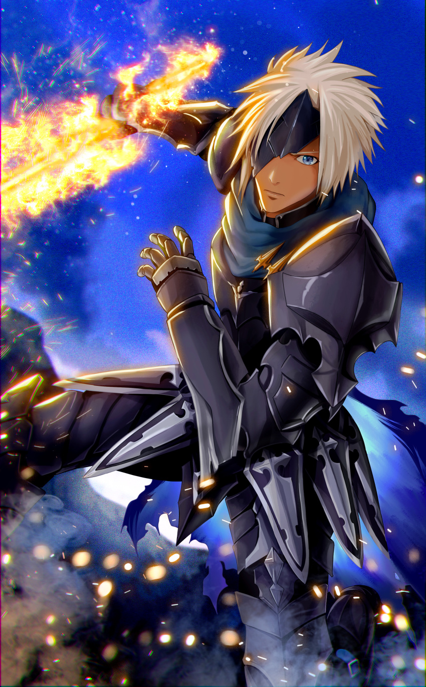 1boy absurdres alphen_(tales) armor blue_eyes breastplate closed_mouth dark-skinned_male dark_skin gauntlets highres holding holding_sword holding_weapon konbanwa01 looking_at_viewer male_focus mask short_hair shoulder_armor solo spiked_hair sword tales_of_(series) tales_of_arise weapon white_hair