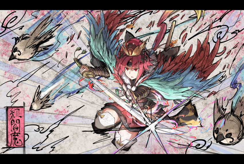 1girl absurdres bird cape character_request fate/grand_order fate_(series) fighting_stance hat highres holding holding_sword holding_weapon japanese_clothes jumping kankan33333 kimono letterboxed long_hair obi parted_lips ponytail red_eyes red_hair red_kimono sash solo sparrow sword thighhighs weapon white_thighhighs