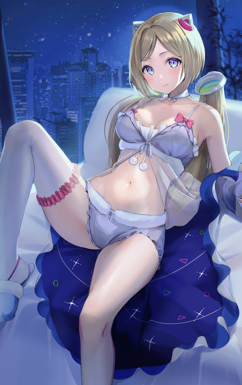 1girl absurdres aki_rosenthal blonde_hair blue_eyes bob_cut breasts cityscape coat detached_hair highres hololive navel pi_tayuko shorts single_thighhigh sitting slippers solo spaghetti_strap thighhighs thighs twintails virtual_youtuber white_thighhighs