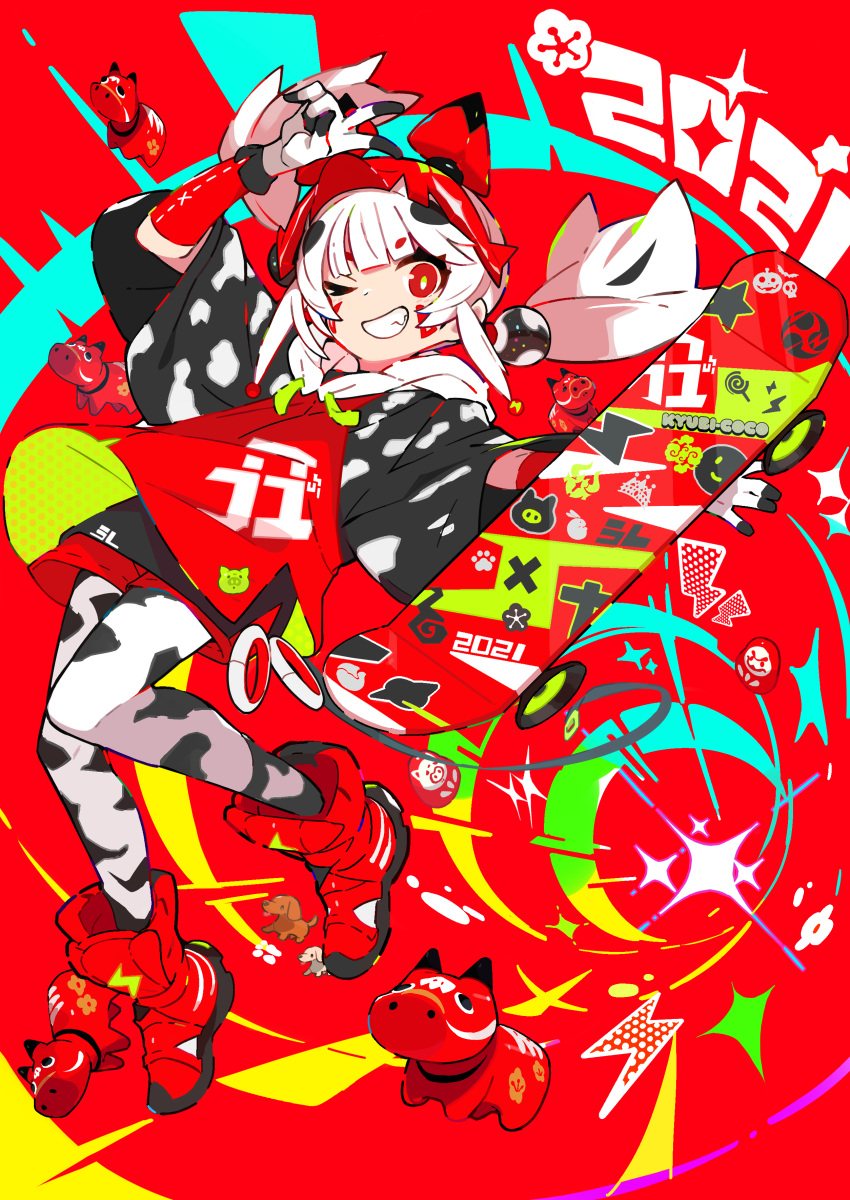 1girl 2021 absurdres akabeko animal_print arm_up black_hair blunt_bangs boots chinese_zodiac clothing_request commentary_request cow_print daruma_doll dog dot_nose drawstring facepaint flower_(symbol) gloves grin highres holding holding_skateboard kurumitsu leggings lightning_bolt_symbol looking_at_viewer medium_hair multicolored_hair one_eye_closed original outstretched_arm red_eyes red_footwear red_shorts short_eyebrows shorts skateboard smile smiley_face solo sparkle speed_lines star_(symbol) thick_eyebrows twintails v white_hair year_of_the_ox