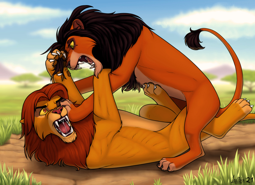 disney duo felid feline feral fight hair hi_res lion male male/male mammal mane mane_hair open_mouth pantherine rawr scar_(the_lion_king) simba the_lion_king wwredgrave