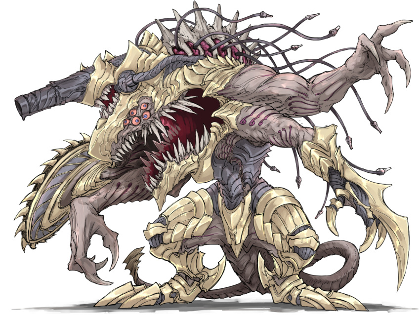 cannon claws dragon eldritch_abomination extra_eyes kankan33333 mechanical_tentacles monster no_humans open_mouth original simple_background white_background