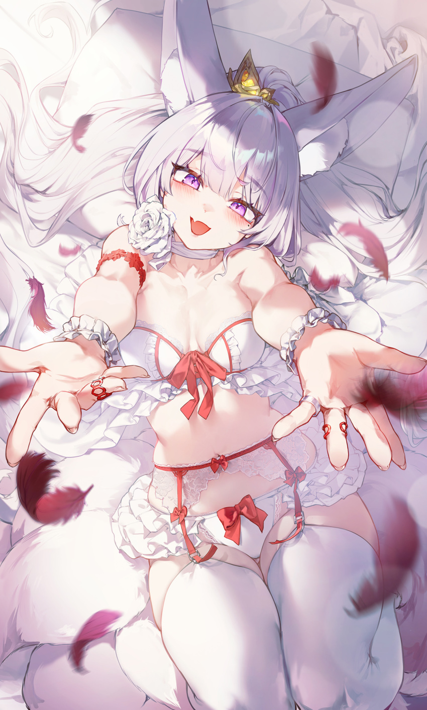 1girl :d absurdres animal_ear_fluff babydoll bangs bow bow_panties breasts fang from_above garter_belt highres jewelry knees_up kokko_(kokko3045) long_hair looking_at_viewer lying midriff mole mole_under_eye multiple_tails on_back on_bed original outstretched_arms panties pillow red_bow ring skin_fang smile solo tail thighhighs underwear underwear_only white_hair white_panties white_thighhighs wrist_cuffs