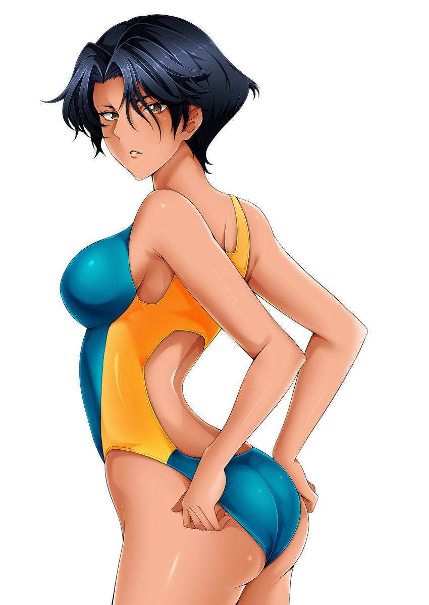 1girl ass black_hair breasts commentary_request competition_swimsuit dark-skinned_female dark_skin golden_boy hair_between_eyes hayami_ayuko highres looking_at_viewer medium_breasts one-piece_swimsuit open_mouth parted_lips pillaridha short_hair solo standing swimsuit