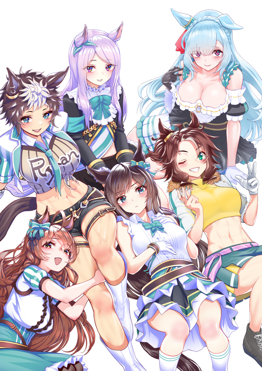 6+girls abs absurdres aiguillette animal_ears aqua_eyes asymmetrical_gloves bangs belt black_gloves blue_hair blunt_bangs boots bow bowtie braid breasts brown_eyes brown_hair cleavage commentary_request cousins crop_top cropped_jacket crown_braid dress ear_bow ear_ornament ear_piercing eyes_visible_through_hair fur_trim gloves gold_trim green_bow green_bowtie green_eyes green_necktie green_skirt hair_between_eyes hair_ornament hair_over_one_eye hairclip highres horse_ears horse_girl horse_tail jacket knee_boots light_blue_hair light_purple_hair looking_at_viewer mejiro_ardan_(umamusume) mejiro_bright_(umamusume) mejiro_dober_(umamusume) mejiro_mcqueen_(umamusume) mejiro_palmer_(umamusume) mejiro_ryan_(umamusume) midriff miniskirt mismatched_gloves multicolored_hair multiple_girls nabe_saori navel necktie off-shoulder_dress off_shoulder one_eye_closed piercing puffy_short_sleeves puffy_sleeves purple_eyes revision shoes short_hair short_shorts short_sleeves shorts skirt tail thigh_strap twin_braids two-tone_hair umamusume white_gloves white_hair white_jacket yellow_crop_top