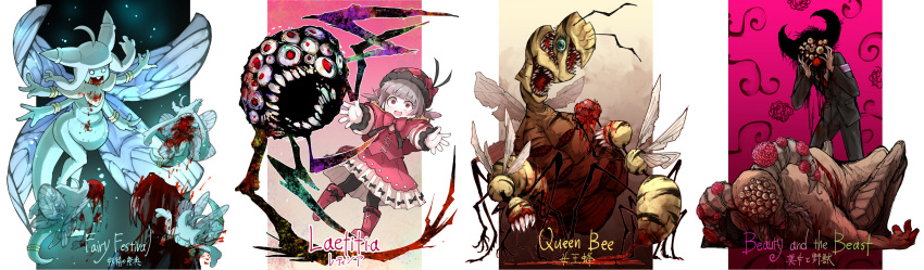 1boy 2others :d absurdres beauty_and_the_beast_(lobotomy_corporation) boots bow bowtie cannibalism dress fairy_festival fairy_wings flying grey_hair guro highres horror_(theme) kankan33333 laetitia_(lobotomy_corporation) lobotomy_corporation looking_at_viewer monster multiple_others open_mouth pigeon-toed pink_bow pink_bowtie pink_dress pink_footwear pink_headwear project_moon queen_bee_(lobotomy_corporation) reaching_out red_eyes smile spoilers wings