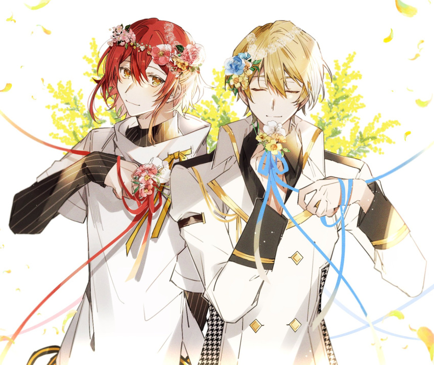 2boys black_shirt black_sweater blonde_hair blue_flower blue_ribbon blue_rose buttons closed_eyes collared_shirt diamond_button double-breasted facing_viewer flower flower_wreath gold_trim hair_between_eyes hair_flower hair_ornament half_updo hanasaki_miyabi head_wreath high_collar highres holding holding_flower holostars houndstooth jacket kiri_tmt kishido_temma looking_at_viewer male_focus mimosa_(flower) multiple_boys petals pink_flower pink_rose red_hair red_ribbon ribbon rose shirt short_hair sleeves_past_wrists smile sweater turtleneck upper_body virtual_youtuber white_background white_flower white_jacket white_shirt yellow_eyes yellow_flower yellow_ribbon