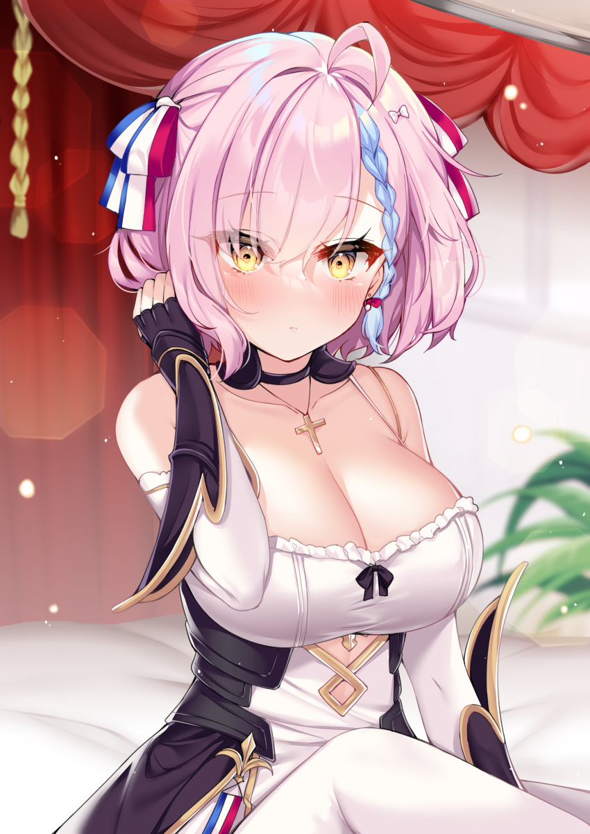 1girl absurdres ahoge azur_lane bare_shoulders black_choker black_gloves blue_hair blurry blurry_background blush braid breasts choker cleavage clothing_cutout collarbone cross cross_necklace detached_sleeves dress eyes_visible_through_hair fingerless_gloves fleur_de_lis french_flag frilled_dress frills gloves gold_trim hair_ribbon hand_up hecha_(01964237) highres jewelry large_breasts looking_at_viewer multicolored_hair necklace pink_hair red_curtains ribbon short_hair sitting solo streaked_hair tartu_(azur_lane) two-tone_hair upturned_eyes white_dress yellow_eyes