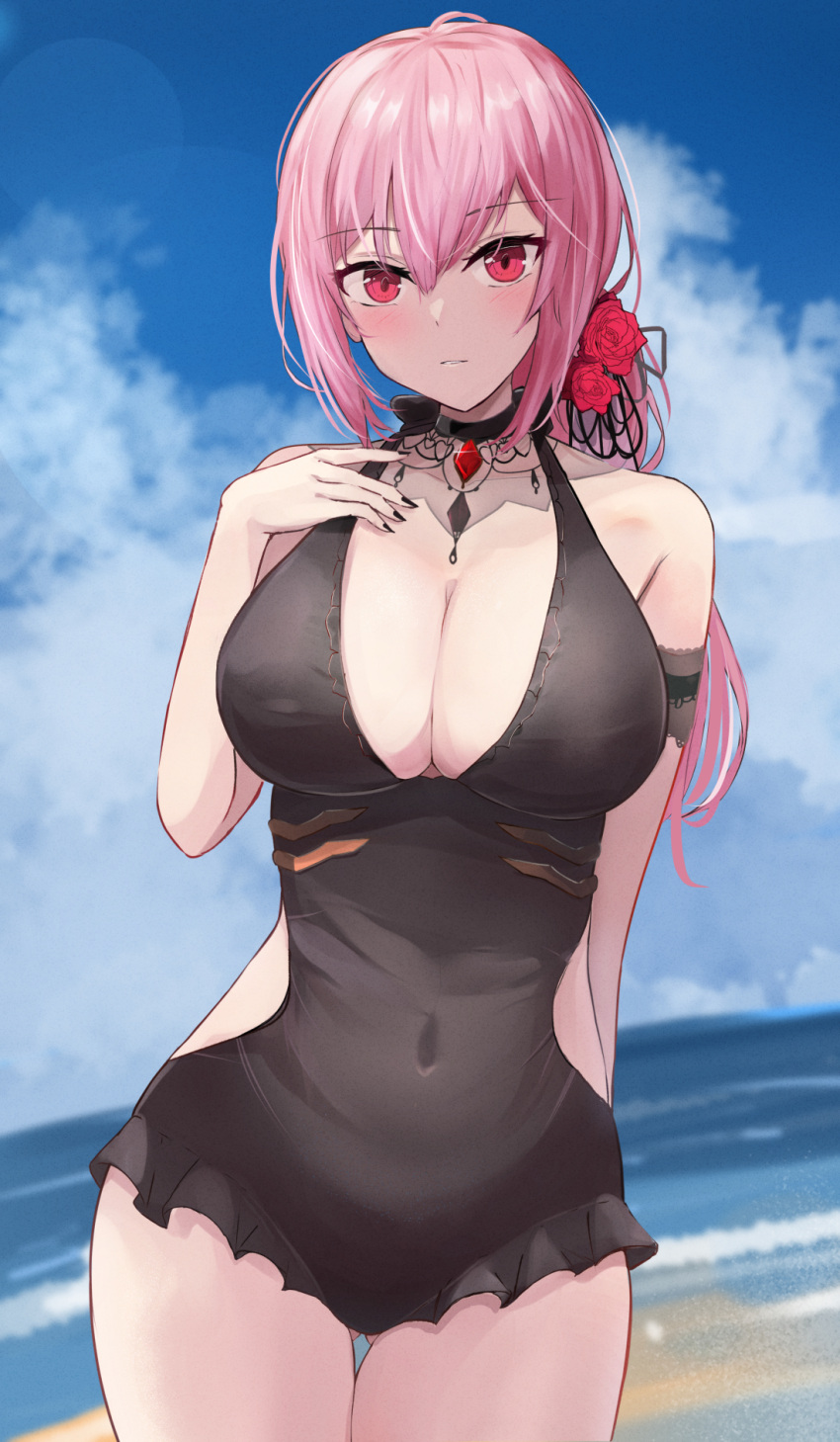 1girl bangs black_nails black_swimsuit blush breasts cleavage covered_navel cowboy_shot flower hair_between_eyes hair_flower hair_ornament highres hololive hololive_english large_breasts long_hair looking_at_viewer mori_calliope nail_polish one-piece_swimsuit parted_lips pink_hair red_eyes red_flower red_rose rose shuuzo3 solo swimsuit thigh_gap thighhighs virtual_youtuber