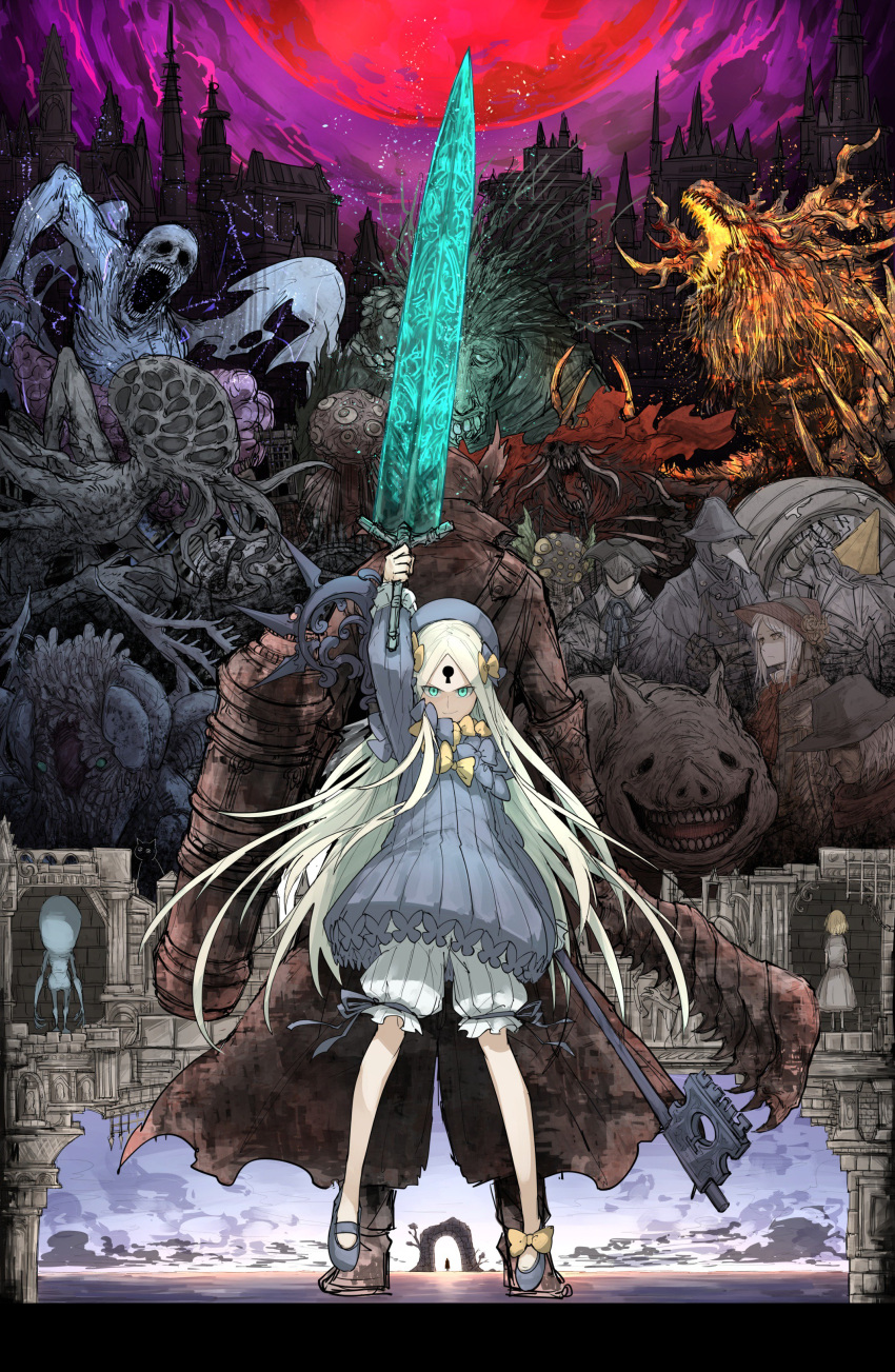 abigail_williams_(fate) absurdres amygdala arm_up back-to-back blood-starved_beast bloodborne bow cannon city crossover ebrietas_daughter_of_the_cosmos eileen_the_crow eldritch_abomination fate/grand_order fate_(series) gehrman_the_first_hunter glowing glowing_weapon greatsword hair_bow hat highres holding holding_weapon hunter_(bloodborne) kankan33333 key laurence_the_first_vicar looking_at_viewer ludwig_the_accursed moon moonlight_greatsword night night_sky orphan_of_kos pig plain_doll red_moon saw_cleaver sky smile sword tricorne weapon yurie_the_last_scholar