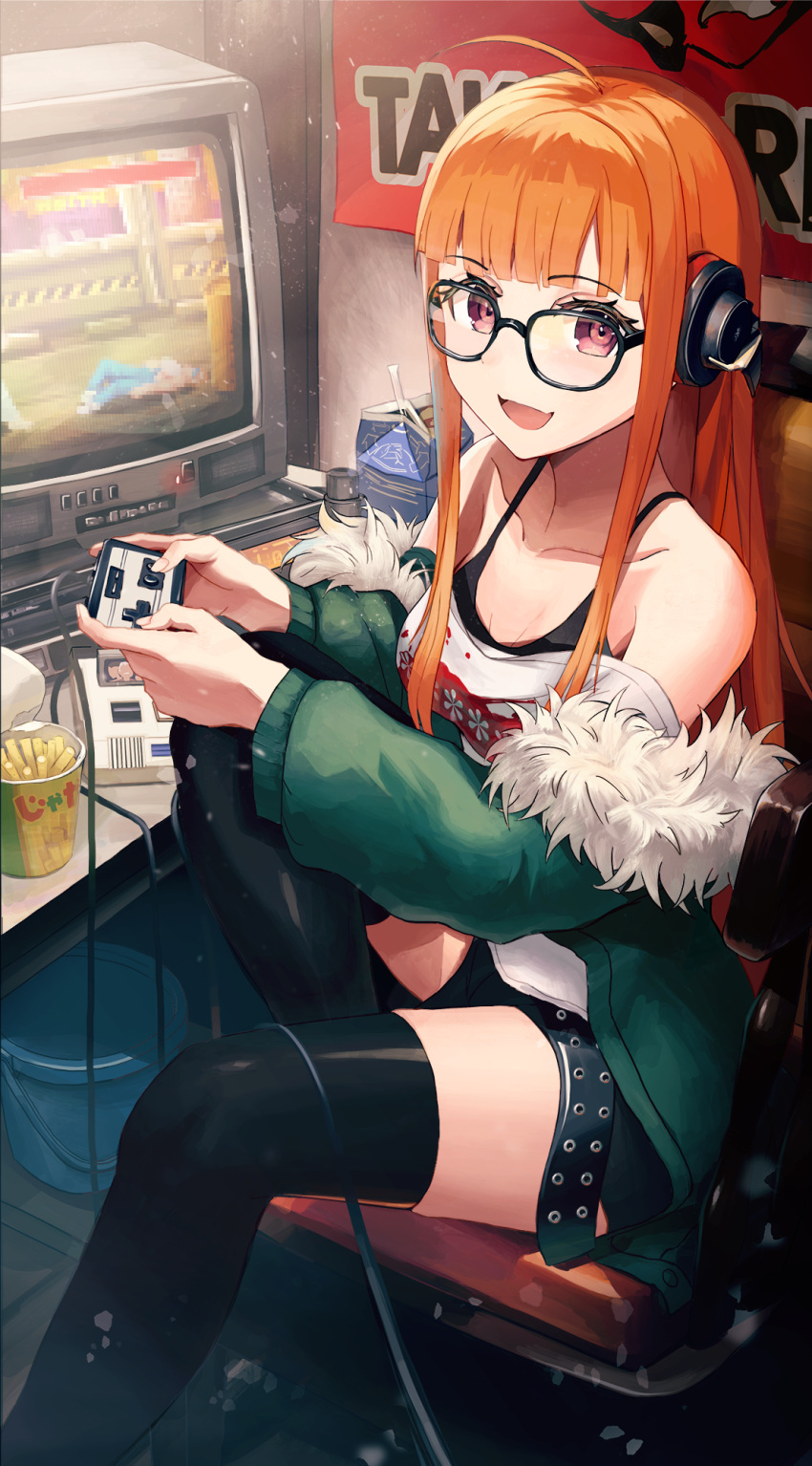 1girl :d ahoge bangs bare_shoulders belt black_belt black_camisole black_shorts black_thighhighs blunt_bangs breasts bucket camisole chair collarbone controller desk drink fur-trimmed_jacket fur_trim game_console game_controller glasses green_jacket gyzett headphones highres holding holding_controller jacket long_hair looking_at_viewer off-shoulder_shirt off_shoulder orange_hair persona persona_5 playing_games poster_(object) purple_eyes sakura_futaba shirt short_shorts shorts sidelocks sitting small_breasts smile snack solo television thighhighs video_game white_shirt wire