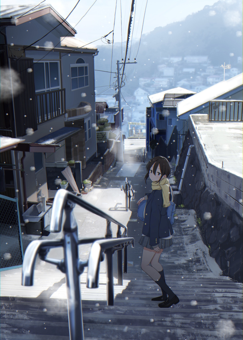 1girl bag bangs black_hair black_socks blazer blue_jacket brown_footwear building commentary english_commentary grey_skirt hair_between_eyes highres house jacket kneehighs loafers original outdoors power_lines sakeharasu scarf scenery school_bag school_uniform shoes short_hair skirt snowing socks solo stairs utility_pole winter yellow_scarf