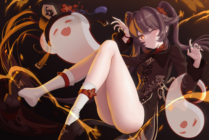 1girl :3 ass bare_legs bead_bracelet beads black_nails bracelet brown_background brown_coat brown_hair coat floating_hair flower flower-shaped_pupils full_body genshin_impact ghost ghost_pose hair_flaps hair_flower hair_intakes hair_ornament hancho hat_tassel highres hu_tao_(genshin_impact) jewelry long_hair long_sleeves looking_at_viewer multiple_rings no_headwear one_eye_closed plum_blossoms red_eyes ring shoe_dangle smile socks solo symbol-shaped_pupils thighs twintails very_long_hair white_socks