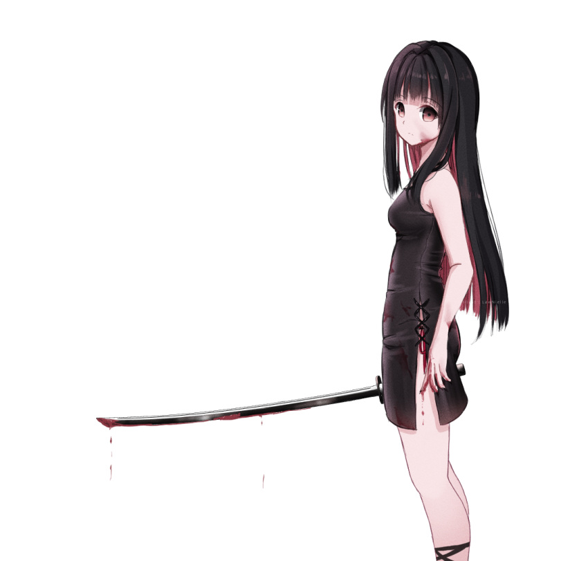 1girl bare_arms bare_shoulders black_dress black_hair blood blood_on_face blood_on_hands blood_on_weapon breasts brown_eyes closed_mouth commentary_request dress feet_out_of_frame from_side katana lawnielle long_hair looking_at_viewer looking_to_the_side multicolored_hair original red_hair simple_background sleeveless sleeveless_dress small_breasts solo standing sword two-tone_hair very_long_hair weapon white_background