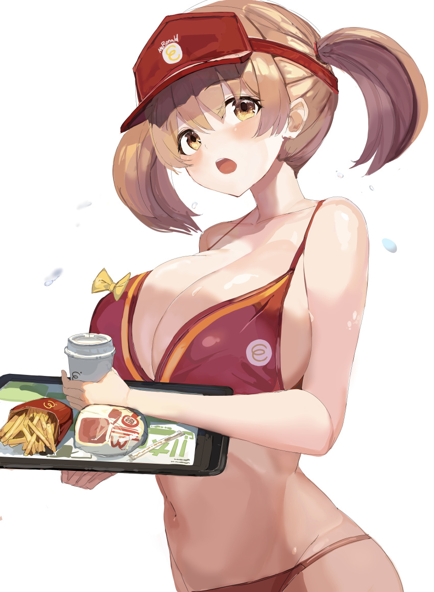 1girl absurdres bikini breasts brown_eyes burger cleavage coffee_cup cup disposable_cup food french_fries hataraku_maou-sama! highres holding holding_tray large_breasts mcdonald's mizuiro_sanshou sasaki_chiho short_twintails standing swimsuit tray twintails visor_cap white_background