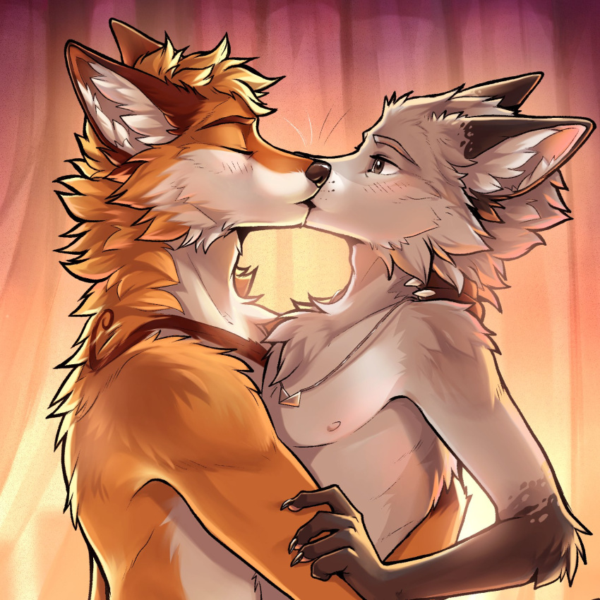 1:1 2022 blush canid canine cheek_tuft chest_tuft duo embrace facial_tuft fingerclaws fox gloves_(marking) grey_fox half-length_portrait hi_res hug inner_ear_fluff jewelry kissing male male/male mammal markings necklace necklace_only nipples nude portrait red_fox tatujapa tuft urocyon whisker_markings whiskers