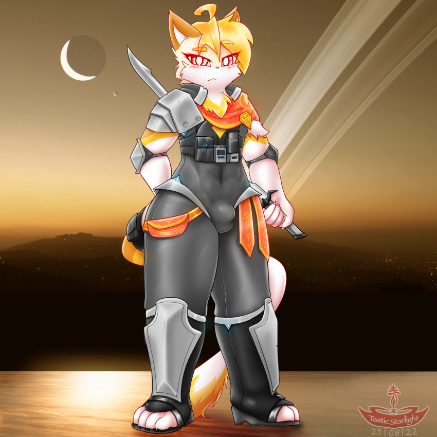 abs anthro armor blonde_hair blush bulge clothed clothing digital_media_(artwork) domestic_cat felid feline felis fur hair hi_res holding_object holding_weapon looking_at_viewer male mammal melee_weapon red_eyes shaded skinsuit solo sword talia_(tasticstarlight) tasticstarlight thick_thighs tight_clothing weapon wide_hips