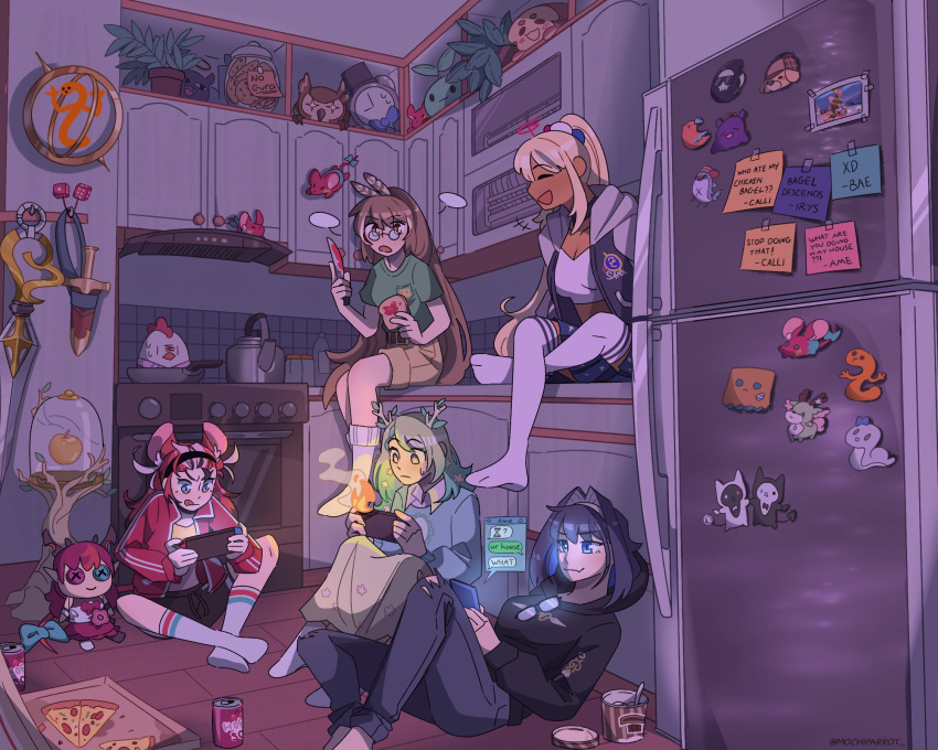 animal_ears apple bangs blonde_hair bloom_(irys) bloop_(gawr_gura) blue_hair boros_(ouro_kronii) bread brown_hair bubba_(watson_amelia) can casual ceres_fauna dark-skinned_female dark_skin death-sensei_(mori_calliope) fire food friend_(nanashi_mumei) fruit glasses gloom_(irys) green_hair hakos_baelz handheld_game_console headband highres holocouncil hololive hololive_english hootsie_(nanashi_mumei) ice_cream irys_(hololive) jacket jam kaniko_(tsukumo_sana) kfp_employee_(takanashi_kiara) kitchen knife kotori_(takanashi_kiara) kronie_(ouro_kronii) long_hair mochiparrot mouse_ears mr._squeaks_(hakos_baelz) multicolored_hair multiple_girls nanashi_mumei nanashi_mumei_(owl) nemu_(ceres_fauna) nintendo nintendo_switch ouro_kronii playing_games red_hair sanallite_(tsukumo_sana) sapling_(ceres_fauna) sitting soda_can streaked_hair switch sword takodachi_(ninomae_ina'nis) thighhighs tsukumo_sana twintails usaslug_(tsukumo_sana) virtual_youtuber weapon white_hair yatagarasu_(tsukumo_sana)