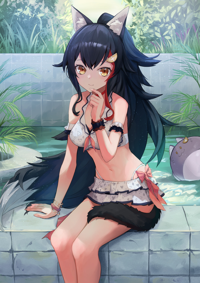 1girl absurdres animal_ear_fluff animal_ears arm_garter arm_support bangle bangs bare_arms bare_legs bikini bikini_skirt black_hair black_tail blush bracelet breasts closed_mouth day feet_out_of_frame finger_to_mouth frilled_skirt frills hair_flaps hair_ornament heart heart_print highres hololive jewelry layered_skirt legs_together long_hair looking_at_viewer medium_breasts miniskirt multicolored_hair navel ookami_mio outdoors plant ponytail red_hair sidelocks sitting skirt smile solo stomach streaked_hair swimsuit tail tail_around_leg thighs very_long_hair virtual_youtuber white_bikini white_skirt wolf_ears wolf_girl wolf_tail wrist_cuffs yellow_eyes yellow_takano