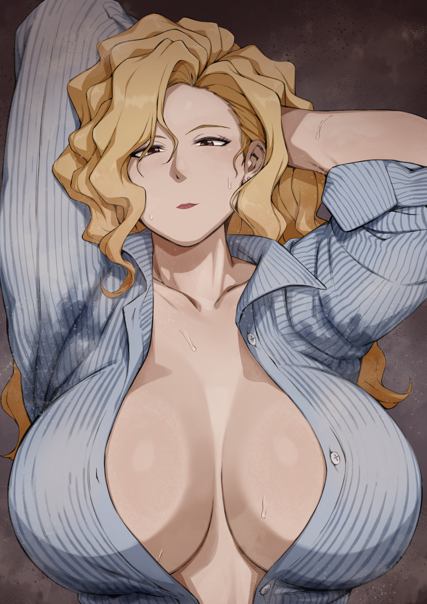 1girl absurdres akinaiyo arms_behind_head arms_up blonde_hair blue_shirt breasts brown_eyes collared_shirt eyeliner golden_boy hands_in_hair highres huge_breasts long_hair looking_at_viewer makeup mature_female no_bra onna_shachou pinstripe_pattern pinstripe_shirt shirt sleeves_pushed_up solo steaming_body striped sweat sweaty_clothes unbuttoned unbuttoned_shirt