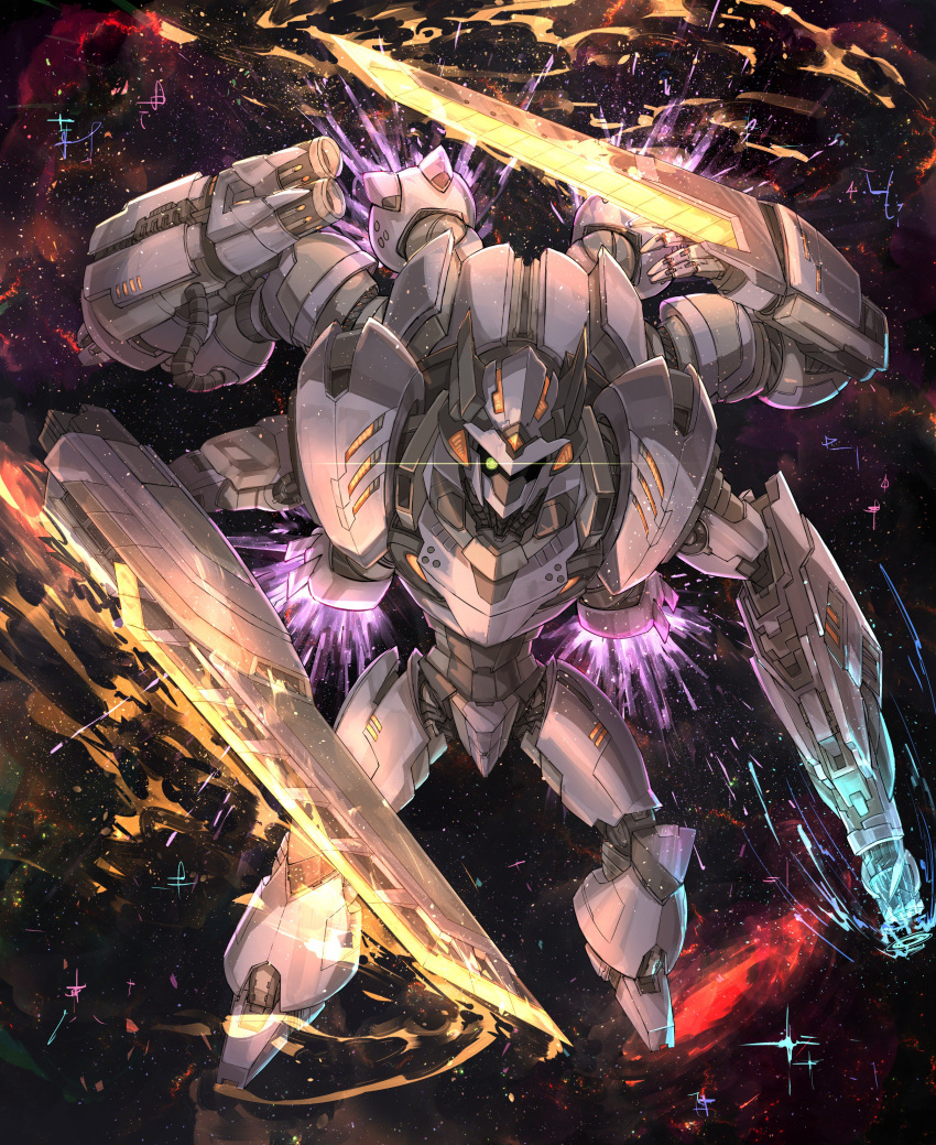 absurdres arm_blade cannon exhaust extra_arms fire flying full_body glowing glowing_eye glowing_weapon green_eyes gun highres kankan33333 lens_flare looking_at_viewer mecha no_humans original robot space sparks star_(sky) thrusters weapon