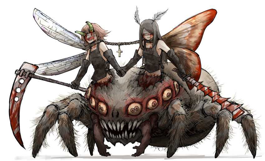 2girls :d absurdres arachne arthropod_girl black_gloves blindfold blood blood_from_eyes blood_on_weapon bug centauroid conjoined crazy_smile cross extra_arms extra_pupils full_body gloves highres holding holding_hands holding_scythe holding_sword holding_weapon horror_(theme) insect_wings kankan33333 latin_cross linked_collar monster monster_girl moth moth_antennae moth_wings multiple_girls open_mouth original rope scythe simple_background smile spider_girl sword taur weapon white_background wings