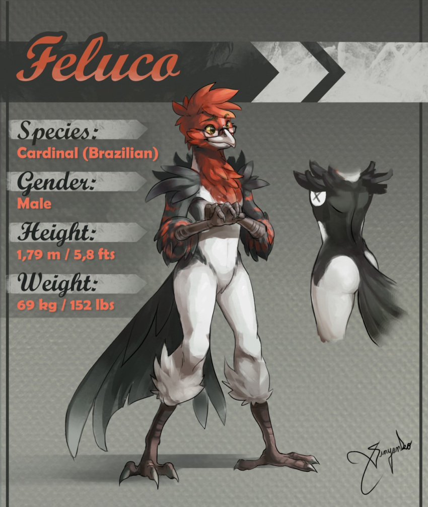 anthro avian beak bird bird_feet black_body black_eyebrows black_feathers black_tail_feathers butt cheek_tuft chest_tuft english_text eyebrows eyewear facial_tuft feathers front_view glasses hair hi_res leg_markings leg_tuft male markings model_sheet mouth_closed rear_view red_body red_feathers red_hair shoulder_tuft signature socks_(marking) solo square_glasses tail_feathers text tuft vinyanko white_body white_feathers yellow_eyes yellow_sclera
