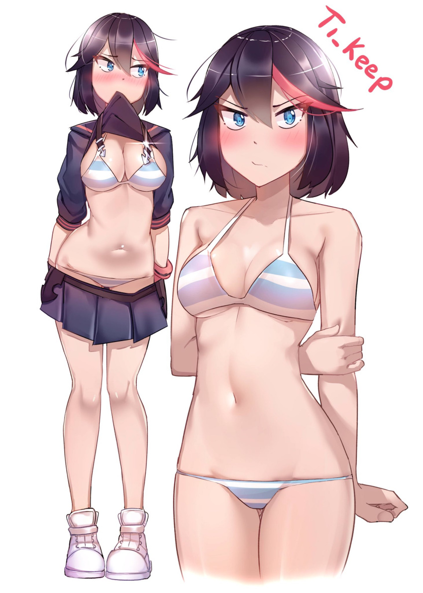 1girl arm_behind_back artist_name ass_visible_through_thighs bare_legs black_hair blue_eyes blush breasts cleavage closed_mouth collarbone contrapposto hair_between_eyes highres kill_la_kill looking_to_the_side lowleg lowleg_panties matoi_ryuuko medium_breasts medium_hair messy_hair miniskirt mouth_hold multicolored_hair navel panties pleated_skirt projected_inset sanpaku shoes simple_background skirt sneakers streaked_hair striped_underwear suspender_skirt suspenders suspenders_removed thigh_gap ti_keep tsurime underwear undressing white_background white_footwear