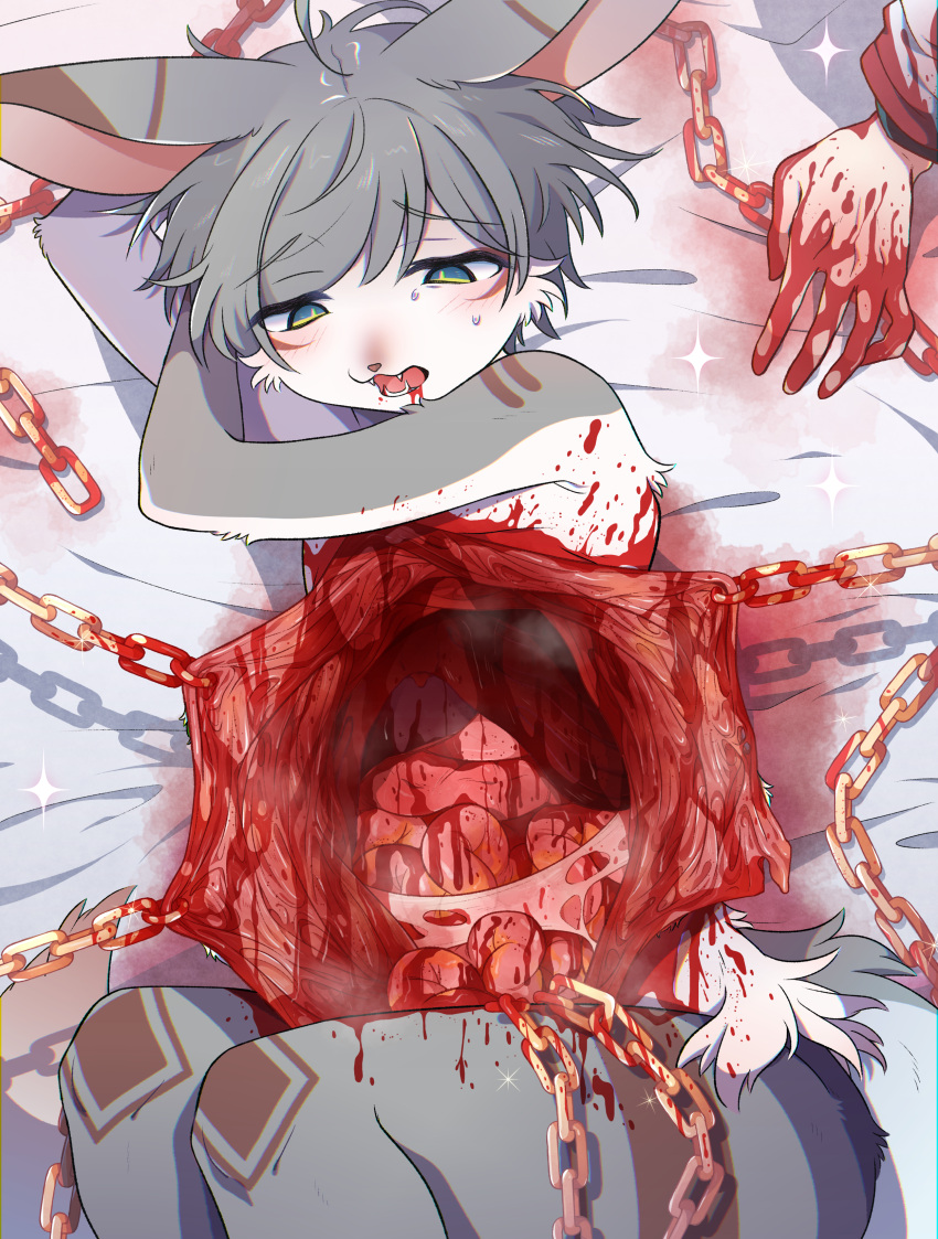 absurd_res anthro blood blood_splatter bodily_fluids chain chest_tuft disembowelment domestic_cat duo felid feline felis fur fur_markings gore grey_hair guts hair hi_res intestines itari mammal markings offscreen_character organs piercing snuff sweat tears text tongue tuft zeso_(itari)