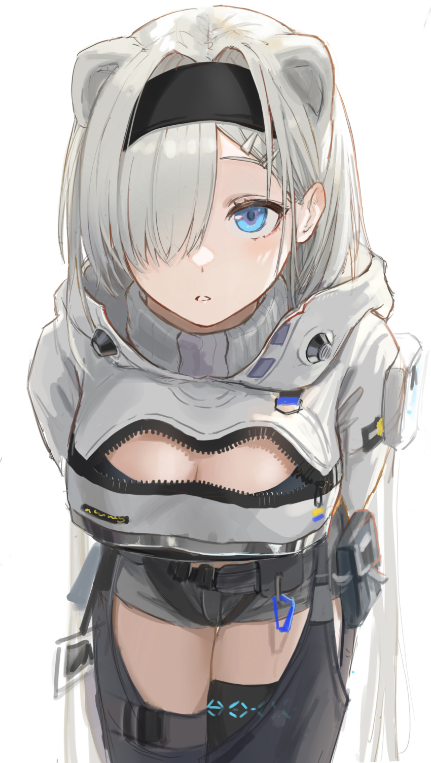 absurdres animal_ears arknights arms_behind_back aurora_(arknights) bear_ears black_hairband blue_eyes blush breasts cleavage cowboy_shot crop_top extra_ears grey_hair grey_shorts greyscale hair_ornament hair_over_one_eye hairband hairclip highres infection_monitor_(arknights) large_breasts leaning_forward long_hair long_sleeves looking_at_viewer monochrome neon_trim parted_lips pouch short_shorts shorts tadano_tarako unzipped