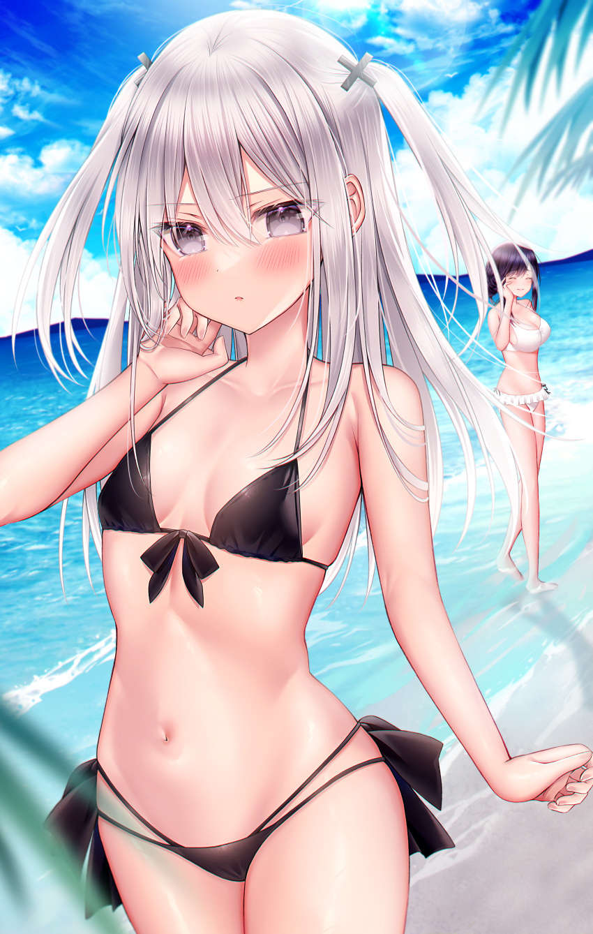2girls absurdres bangs bikini black_bikini black_hair blue_sky blush breasts cleavage closed_eyes cloud collarbone commentary_request day frilled_bikini frills grey_eyes grey_hair hair_between_eyes hair_ornament highres kuro_namako large_breasts lens_flare long_hair looking_at_viewer mountainous_horizon multiple_girls navel ocean original outdoors parted_lips sky small_breasts smile solo_focus standing stomach swimsuit twintails white_bikini x_hair_ornament