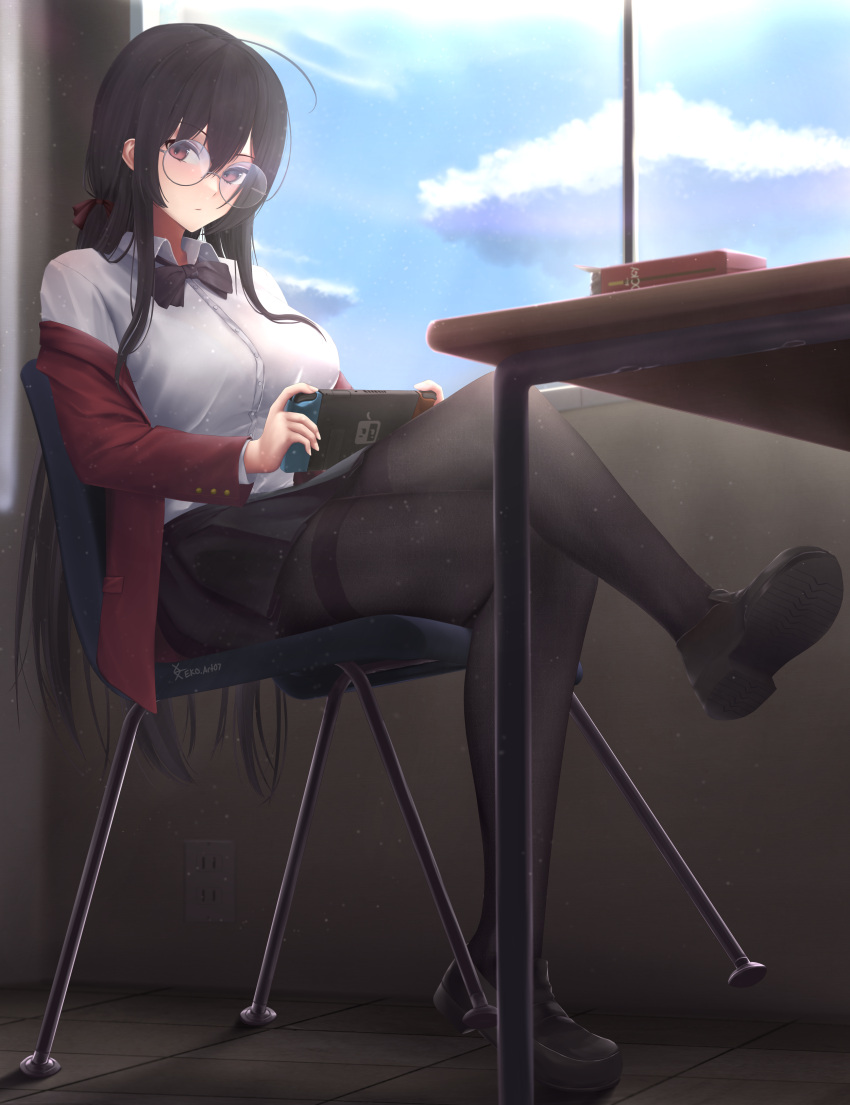 1girl absurdres ahoge azur_lane bangs black_bow black_bowtie black_footwear black_hair black_skirt blue_sky blush bow bowtie breasts chair closed_mouth cloud collared_shirt crossed_legs day desk dress_shirt eko.art expressionless full_body glasses hair_between_eyes hair_ribbon handheld_game_console highres holding holding_handheld_game_console huge_ahoge indoors jacket large_breasts legs loafers long_hair looking_at_viewer nintendo_switch off_shoulder official_alternate_costume on_chair open_clothes open_jacket pantyhose pleated_skirt red_jacket red_ribbon ribbon round_eyewear school_uniform shirt shoes sidelocks sitting skirt sky solo straight_hair taihou_(azur_lane) taihou_(sweet_time_after_school)_(azur_lane) thighband_pantyhose very_long_hair white_shirt window