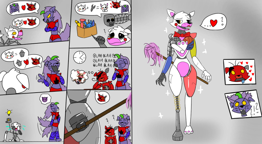 &lt;3 absurd_res animatronic anthro aroni_sketched_(artist) ball basketball_(ball) canid canine canis cleaning_tool comic duo emoji female five_nights_at_freddy's five_nights_at_freddy's:_security_breach five_nights_at_freddy's_2 fox foxy_(fnaf) group hi_res machine male mammal mangle_(fnaf) mop one_page_comic robot roxanne_wolf_(fnaf) scottgames simple_background solo speech_bubble trio video_games wolf