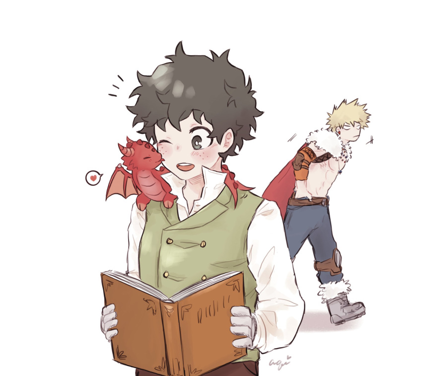 2boys alternate_eye_color alternate_hair_color aqistory bakugou_katsuki belt black_eyes black_hair blank_eyes blonde_hair blue_pants boku_no_hero_academia book boots cape closed_mouth commentary dragon dragon_on_shoulder english_commentary freckles fur-trimmed_cape fur_trim gloves green_vest heart highres holding holding_book knee_pads long_sleeves looking_at_another male_focus midoriya_izuku mini_dragon multiple_boys official_alternate_costume one_eye_closed open_mouth pants red_cape shirt short_hair simple_background spiked_hair spoken_heart standing topless_male vest white_background white_shirt