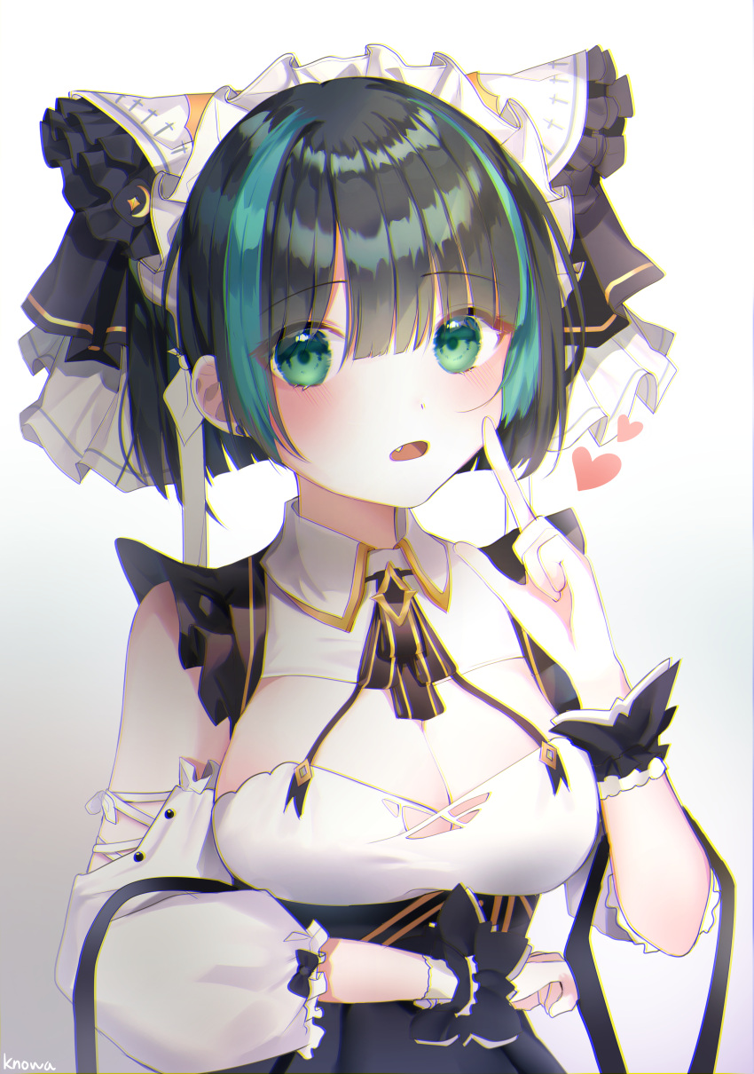1girl absurdres artist_name azur_lane bangs black_hair blue_hair blunt_bangs blush breasts cheshire_(azur_lane) cleavage detached_sleeves fang green_eyes heart highres index_finger_raised knowa large_breasts looking_at_viewer multicolored_hair open_mouth solo streaked_hair upper_body