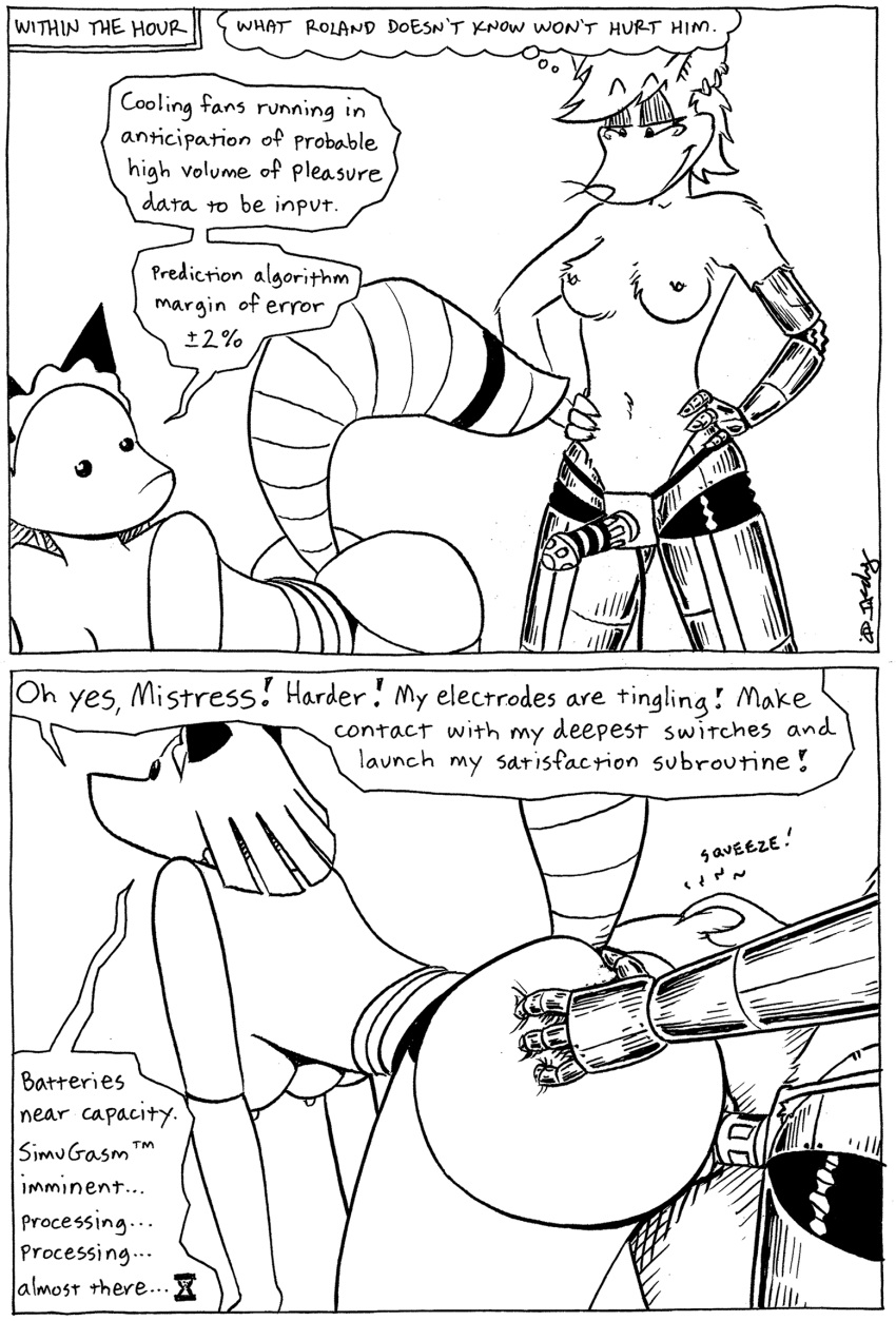 black_and_white canid canine canis clothing comic cybernetics cyborg female fox hi_res humor jackal machine maid_uniform male mammal monochrome robot sex tegerio uniform