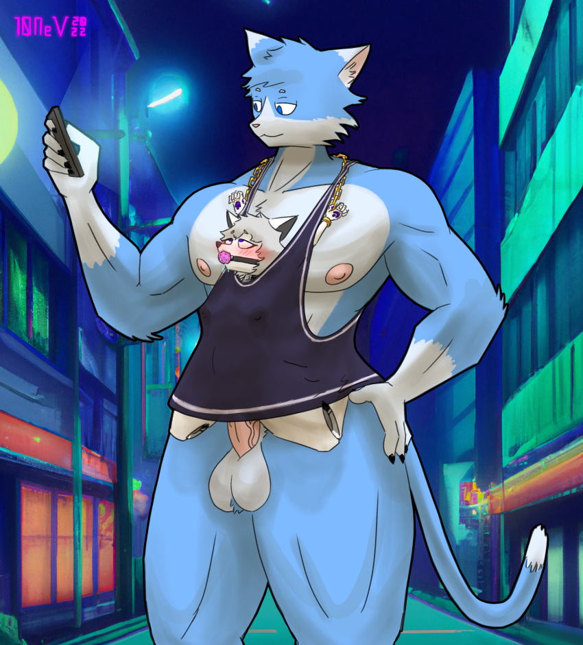 10ne-v abs absurd_res alexa_(10ne-v) anthro ball_gag ball_tuft balls belly_riding big_breasts big_dom_small_sub blue_body blue_fur blush blush_lines bodily_fluids bound breasts canid canine cellphone chain clothing domestic_cat dominant duo erection felid feline felis female female_penetrated forced forced_orgasm fox fucked_silly fur gag genitals grey_hair hair hi_res lactating lactating_through_clothing living_machine looking_pleasured machine male male/female mammal muscular muscular_male night nipples orgasm orgasm_face outside pecs penetration penis phone public public_humiliation restrained robot size_difference solo standing tuft wet wet_clothing