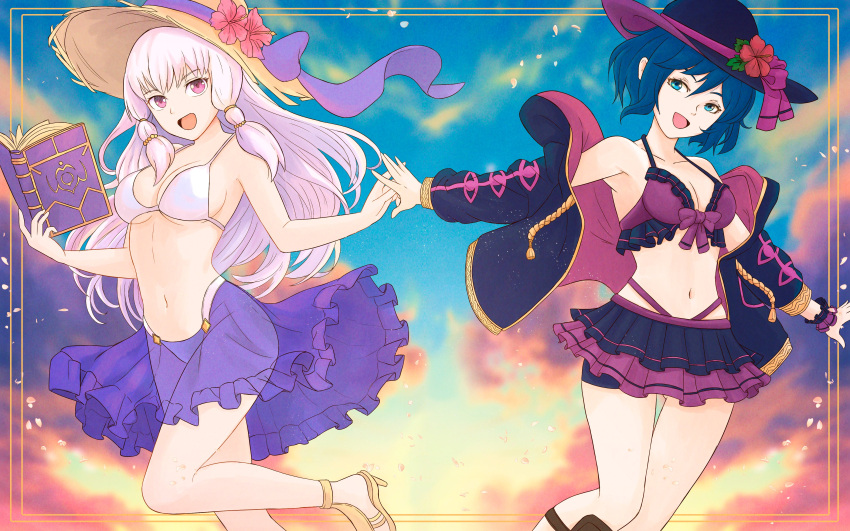 2girls :d absurdres adapted_costume alternate_costume alternate_eye_color bikini black_bikini black_skirt blue_eyes blue_hair book breasts cleavage collarbone fire_emblem fire_emblem:_three_houses fire_emblem_awakening flower front-tie_top hat high_heels highleg highleg_bikini highres holding holding_book layered_bikini long_hair long_sleeves lysithea_von_ordelia medium_breasts morgan_(fire_emblem) morgan_(fire_emblem)_(female) multicolored_bikini multicolored_clothes multiple_girls navel off_shoulder open_mouth pink_eyes purple_bikini purple_skirt robe see-through see-through_skirt short_hair sideboob skirt smile sun_hat sunrise swimsuit truejekart two-tone_bikini white_bikini white_hair white_swimsuit