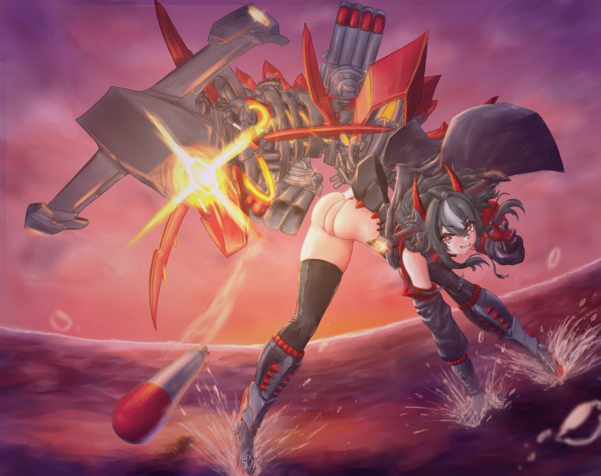 1girl all_fours armored_boots azur_lane bent_over black_gloves black_hair black_jacket black_sleeves black_thighhighs boots charging_device claw_pose commentary_request cross detached_sleeves evening full_body gauntlets gloves grin hammerhead_shark hand_up highleg highleg_panties highres horns iron_cross jacket knee_boots legs_apart long_hair looking_at_viewer multicolored_hair no_pants nuconanatume ocean on_water open_clothes open_jacket outdoors panties red_eyes revealing_clothes rigging sharp_teeth skindentation smile solo splashing standing standing_on_liquid star-shaped_pupils star_(symbol) streaked_hair striped striped_panties sunset symbol-shaped_pupils teeth thighhighs top-down_bottom-up torpedo torpedo_tubes two-tone_hair underwear white_hair white_panties z16_(azur_lane)