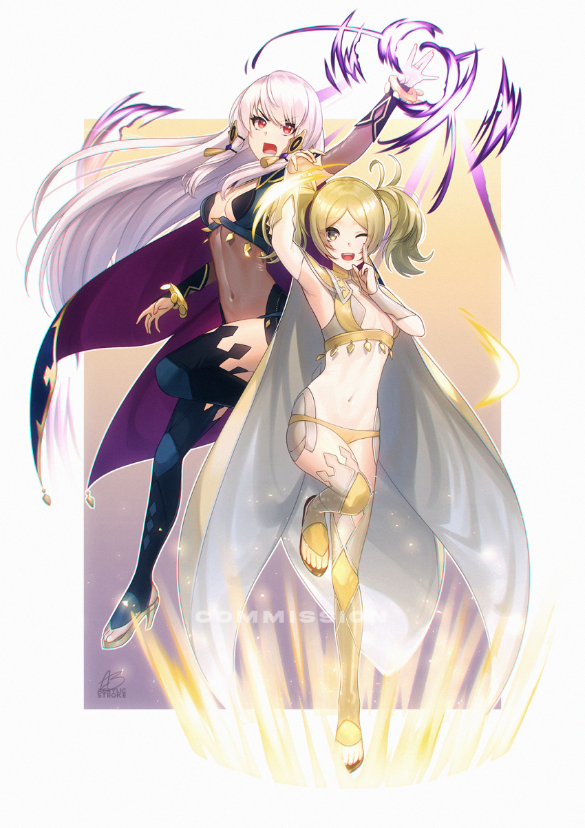 2girls acrylicstroke alternate_color arm_up armpits artist_name black_thighhighs blonde_hair bodystocking bodysuit breasts bridal_gauntlets cleavage commission cosplay covered_navel dark_mage_(fire_emblem_fates) fire_emblem fire_emblem:_three_houses fire_emblem_awakening fire_emblem_fates fire_emblem_heroes full_body high_heels highres lissa_(fire_emblem) long_hair lysithea_von_ordelia lysithea_von_ordelia_(cosplay) medium_breasts multiple_girls one_eye_closed outstretched_arm panties pink_eyes revealing_clothes signature small_breasts thighhighs twintails underwear very_long_hair white_hair yellow_panties