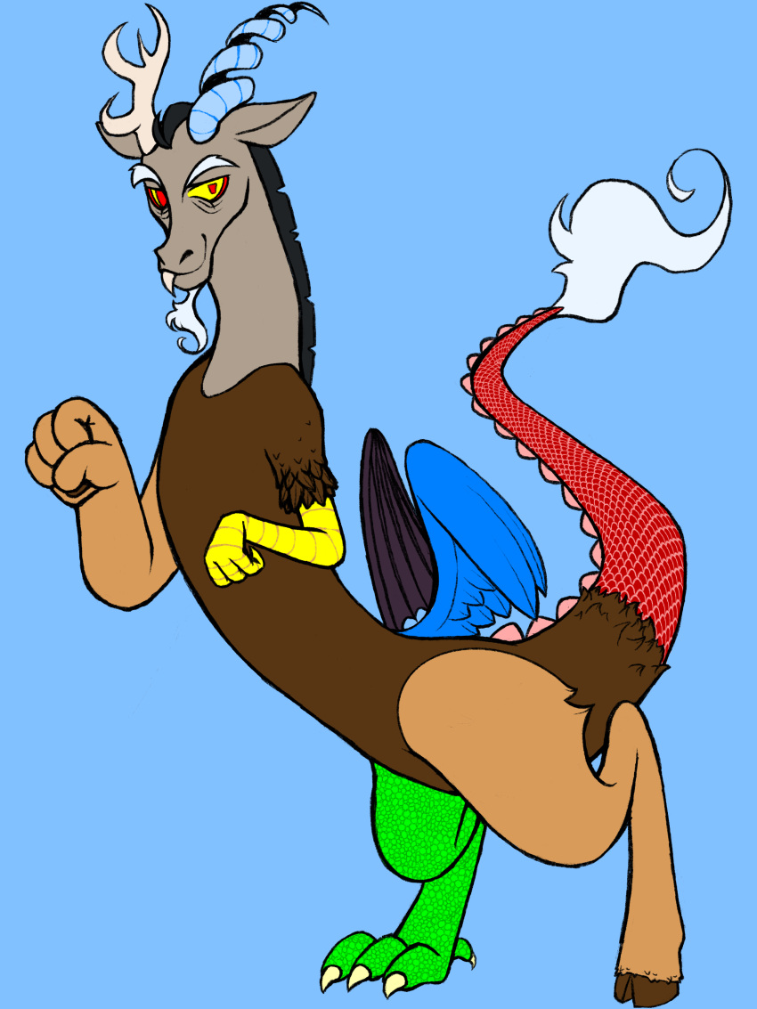 2022 absurd_res antlers beard blue_background blue_body blue_feathers brown_body brown_fur claws digital_drawing_(artwork) digital_media_(artwork) discord_(mlp) dreamscreep facial_hair fangs feathers feral friendship_is_magic fur green_body green_scales handpaw hasbro hi_res hooves horn hybrid looking_at_viewer male my_little_pony paws red_body red_eyes red_scales scales simple_background solo standing toe_claws wings