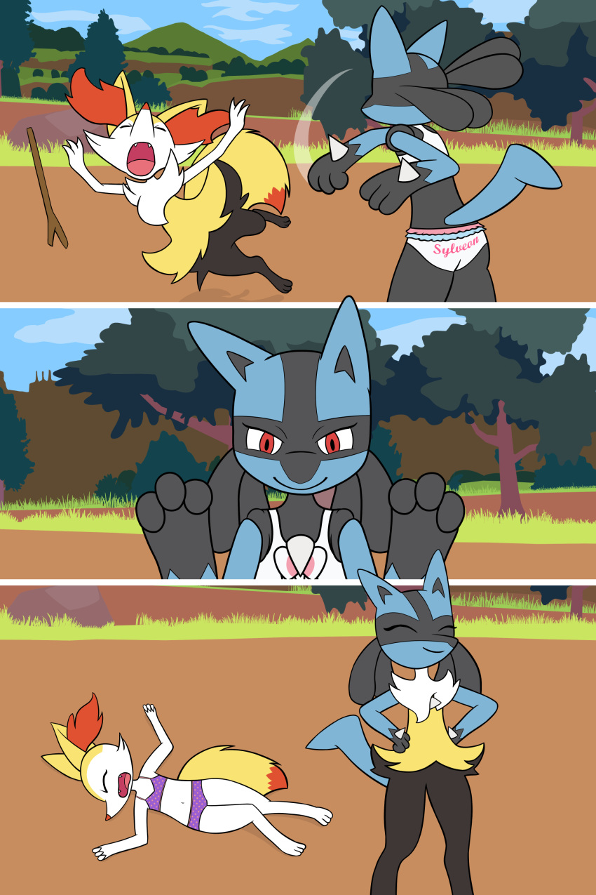 2022 2:3 3_panel_comic absurd_res alternate_costume assisted_exposure attack biped black_body black_fur blue_body blue_fur bow_bra bra braixen chest_spike clothed clothing clothing_loss clothing_swap clothing_theft colored_edge_panties comic crystal_(pazymomo) cute_fangs digital_media_(artwork) duo eyes_closed falling_over female fur generation_4_pokemon generation_6_pokemon hand_spikes hands_on_hips head_markings hi_res looking_at_another lucario lying lying_on_ground markings mischievous mischievous_smile navel nintendo on_back open_mouth outside panties pazymomo pok&eacute;mon_panties pokemon pokemon_(species) polka_dot_bra polka_dot_panties pseudo_clothing_removed pseudo_dress pseudo_skirt public public_exposure punch purple_bra purple_clothing purple_pasties purple_underwear raised_arms red_eyes ruffled_bra ruffled_panties satisfied satisfied_look spikes spikes_(anatomy) spread_arms standing summer_(pazymomo) teeth tongue training_bra unconscious underwear underwear_only undressed video_games white_body white_bra white_clothing white_fur white_panties white_underwear yellow_body yellow_fur