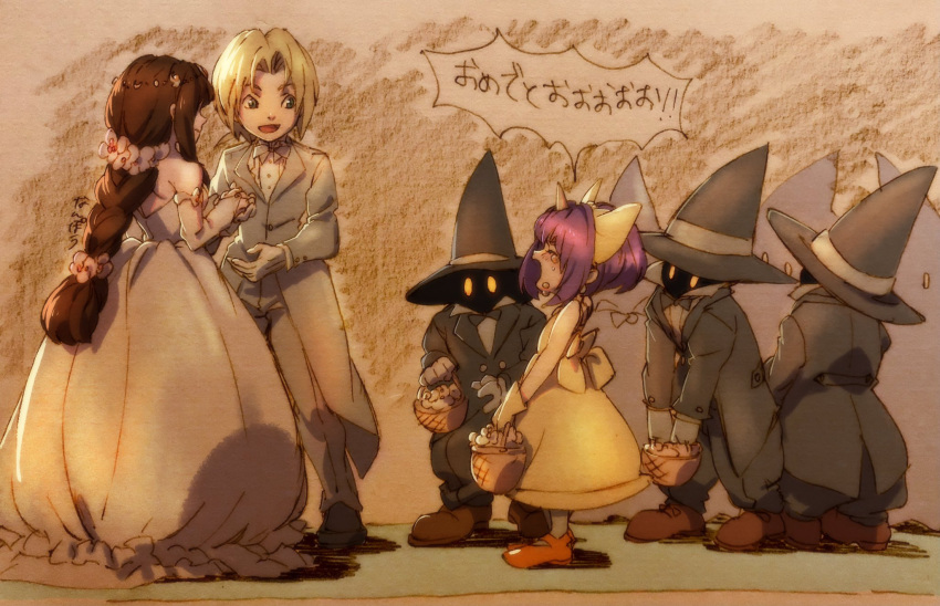 1boy 2girls anniversary black_mage bow closed_eyes crying dress eiko_carol final_fantasy final_fantasy_ix full_body garnet_til_alexandros_xvii hair_bow highres horns husband_and_wife long_hair multiple_boys multiple_girls nanpou_(nanpou0021) open_mouth short_hair single_horn tuxedo wedding yellow_bow zidane_tribal