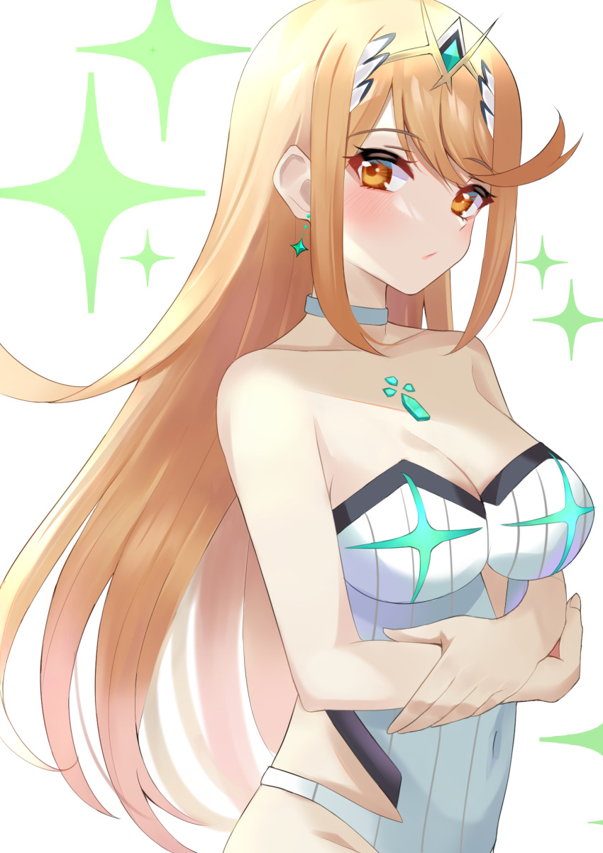 bangs blonde_hair breasts chest_jewel gem headpiece highres kyaro_(wanu_14) large_breasts long_hair mythra_(radiant_beach)_(xenoblade) mythra_(xenoblade) one-piece_swimsuit ribbed_swimsuit strapless strapless_swimsuit striped striped_swimsuit swept_bangs swimsuit tiara two-tone_swimsuit vertical-striped_swimsuit vertical_stripes very_long_hair white_swimsuit xenoblade_chronicles_(series) xenoblade_chronicles_2 yellow_eyes