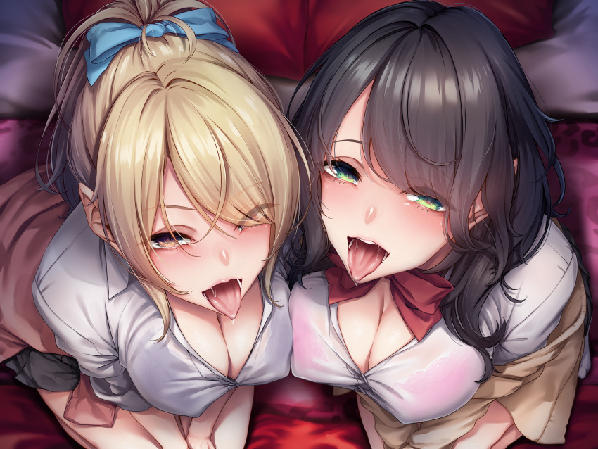 2girls absurdres bangs black_hair blonde_hair blue_bow blush bow bowtie bra breasts brown_eyes cleavage collared_shirt commentary_request dress_shirt eyelashes eyes_visible_through_hair from_above green_eyes grey_skirt hair_bow highres kurofude_anna large_breasts long_sleeves looking_at_viewer miniskirt multiple_girls off_shoulder oral_invitation original paid_reward_available pink_bra pleated_skirt ponytail red_bow red_bowtie saliva saliva_trail school_uniform see-through see-through_shirt shirt skirt teeth thighhighs tongue tongue_out underwear white_shirt wing_collar
