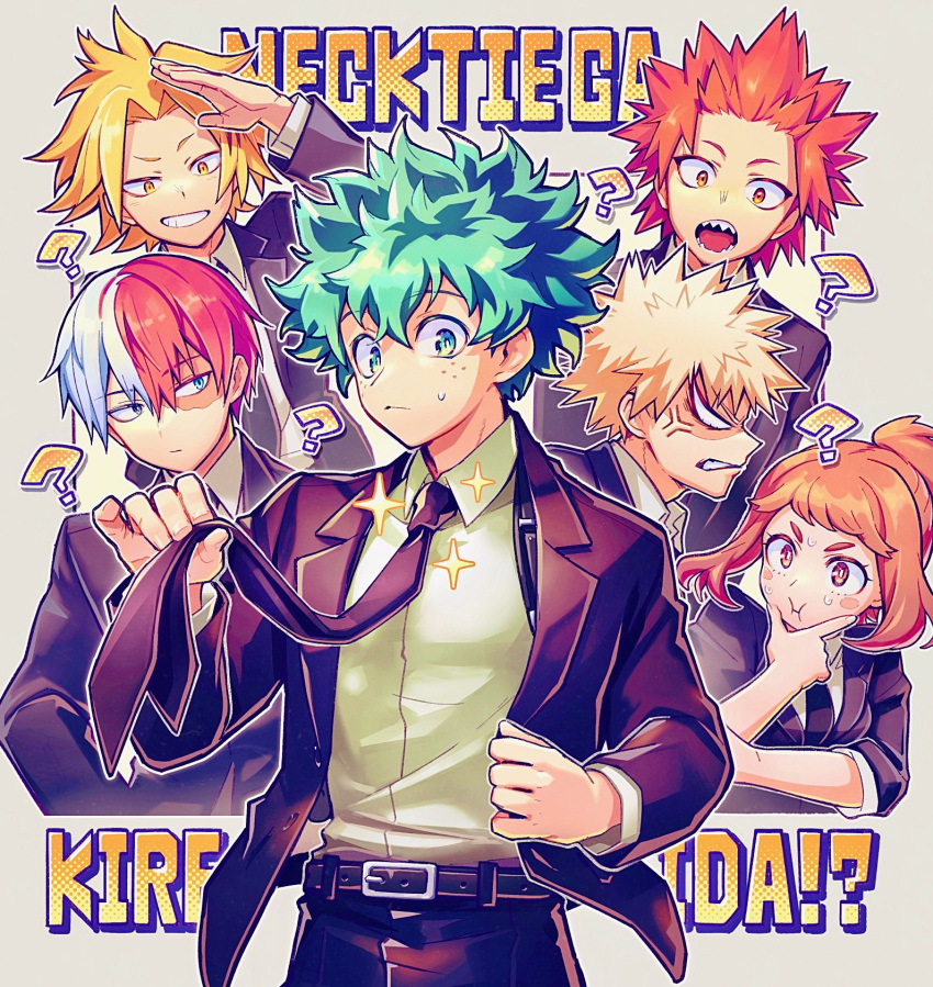 1girl 5boys ? anger_vein angry annoyed bakugou_katsuki blonde_hair boku_no_hero_academia brown_eyes brown_hair burn_scar business_suit clenched_teeth commentary_request english_text fangs formal freckles frown furious glaring green_eyes green_hair heterochromia highres kaminari_denki kirishima_eijirou looking_at_another looking_at_viewer mecyo_(mamezurushiki) midoriya_izuku multicolored_hair multiple_boys necktie open_mouth red_eyes red_hair scar scar_on_face short_hair simple_background smile sparkle spiked_hair split-color_hair suit teeth todoroki_shouto two-tone_hair uraraka_ochako v-shaped_eyebrows white_hair yellow_eyes