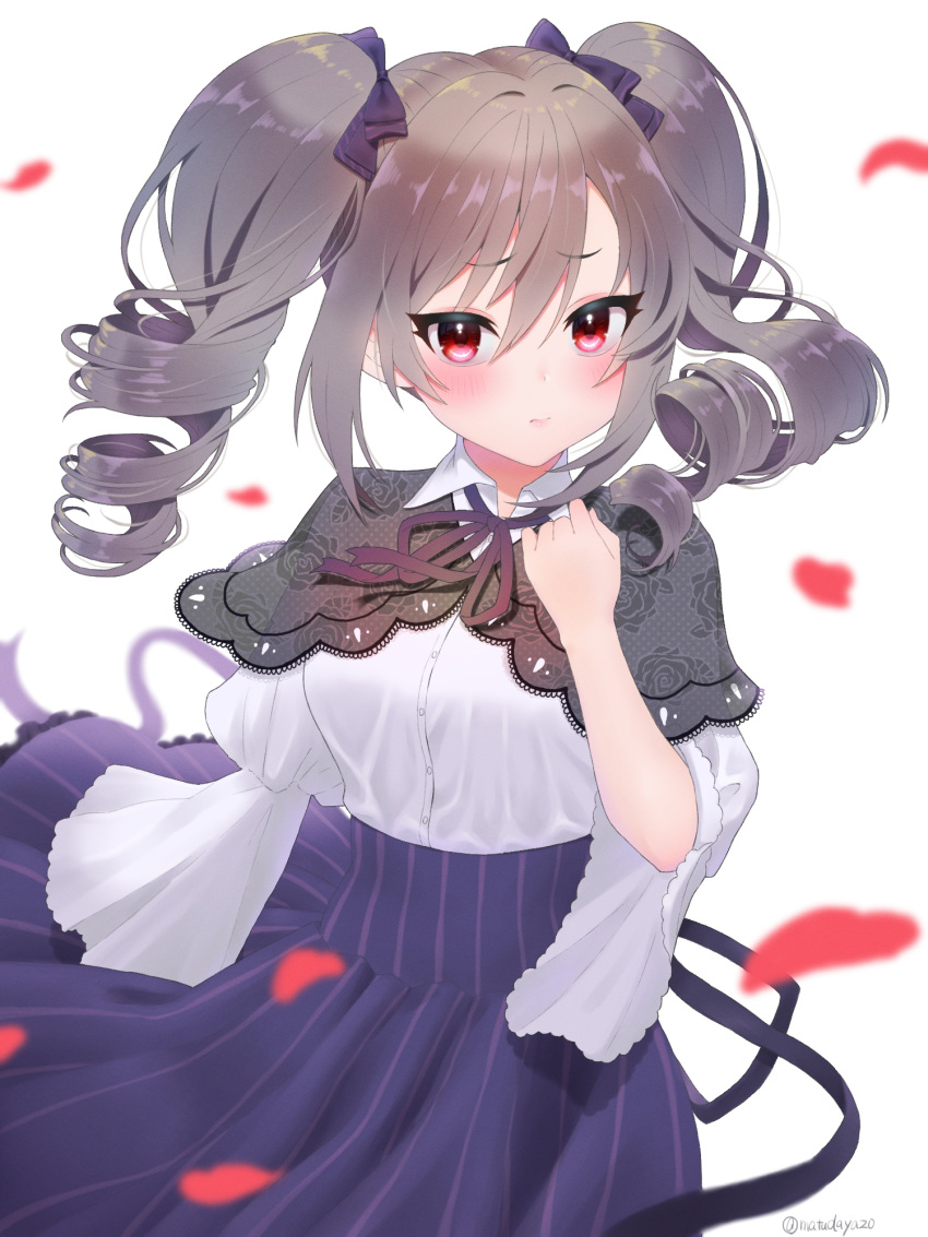 1girl blush breasts buttons capelet closed_mouth collared_shirt drill_hair grey_hair hand_up highres idolmaster idolmaster_cinderella_girls kanzaki_ranko long_hair long_sleeves looking_at_viewer matuda_(matudayazo) neck_ribbon petals purple_skirt red_eyes ribbon shirt shirt_tucked_in skirt small_breasts solo twin_drills twintails twitter_username upper_body white_background white_shirt